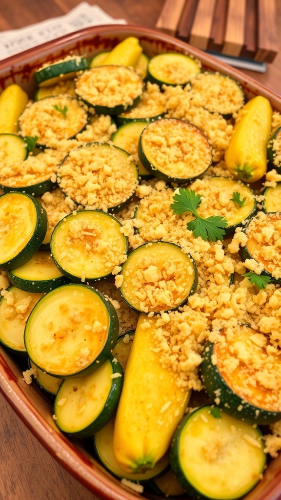 Baked zucchini and yellow squash topped with Parmesan cheese and breadcrumbs in a rustic dish.